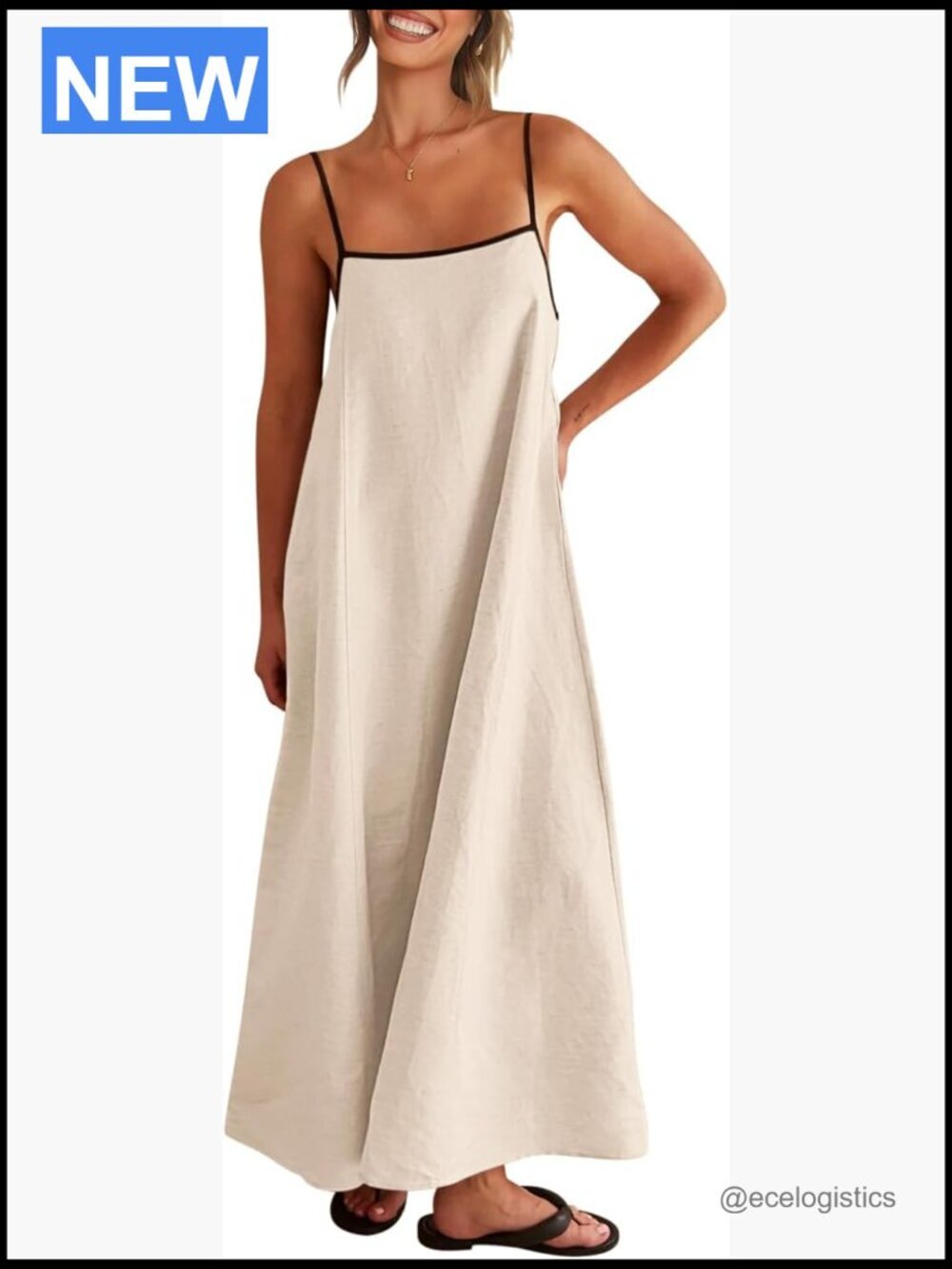 Linen Maxi Dress Contrast Spaghetti Strap Backless Casual Beach Dress